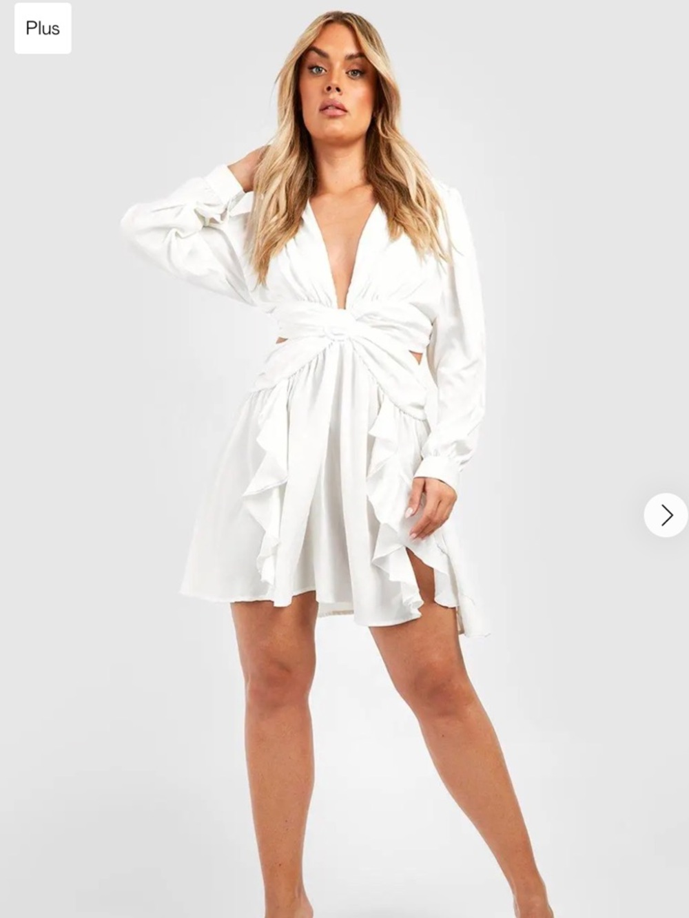 Boohoo Ivory Long-Sleeve Tie-Front Mini Dress
